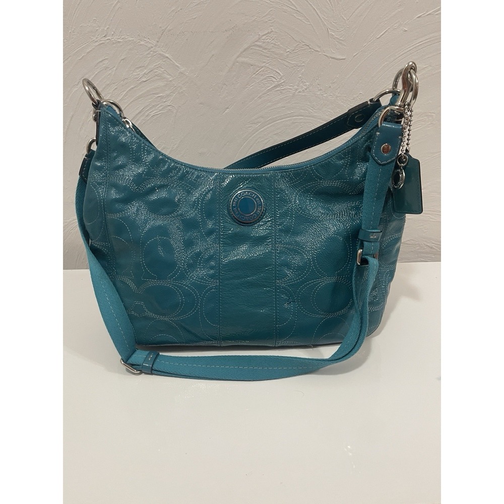 Vintage Aqua Teal Coach Dalton Patent Leather Shoulder Handbag